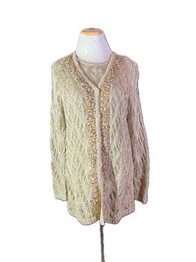 Anna Rachele Size M Intricate Open-Knit Cardigan Sweater Set Shell Tank